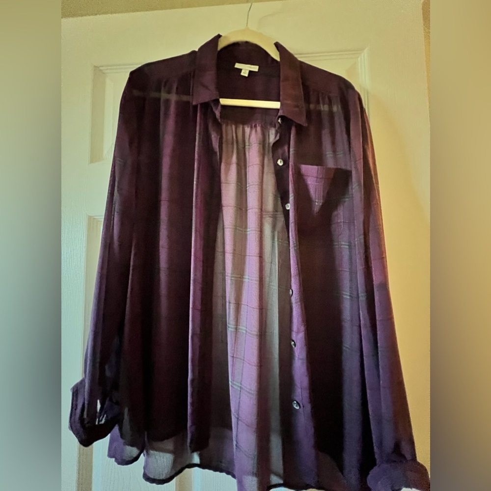 Halogen purple plaid sheer button down long sleeve shirt. Size XL, gently used.